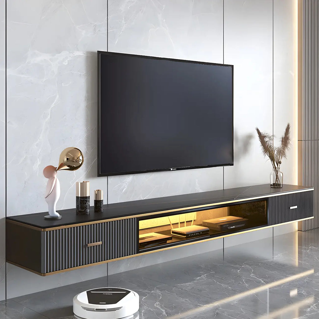 Meuble TV suspendu Long Stone à 2 tiroirs, noir