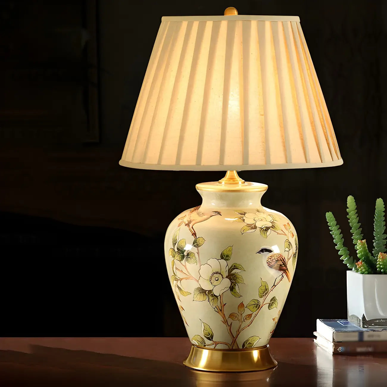 Lampe de table HomeyFad classique en céramique avec abat-jour en tissu jaune clair et motif floral