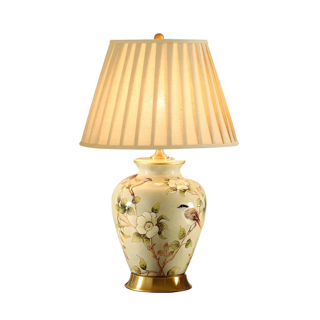 Lampe de table HomeyFad classique en céramique avec abat-jour en tissu jaune clair et motif floral
