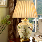 Lampe de table HomeyFad classique en céramique avec abat-jour en tissu jaune clair et motif floral