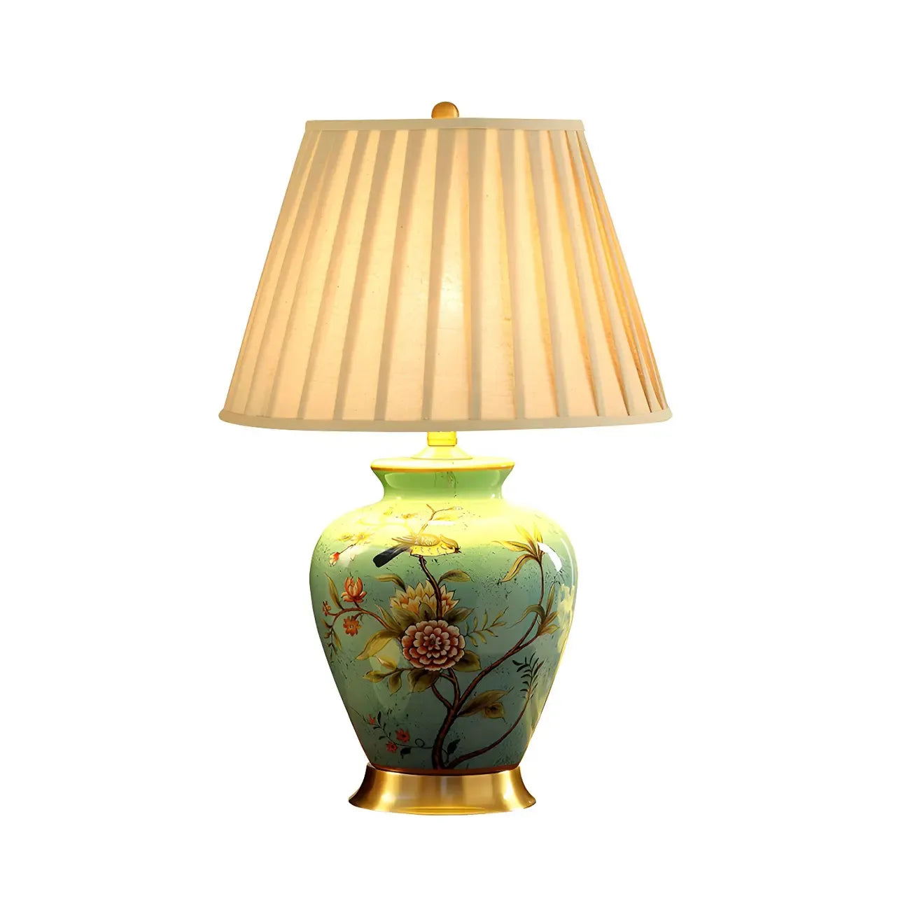 Lampe de table HomeyFad classique en céramique avec abat-jour en tissu jaune clair et motif floral
