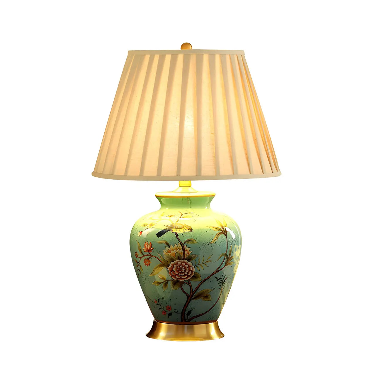Lampe de table HomeyFad classique en céramique avec abat-jour en tissu jaune clair et motif floral