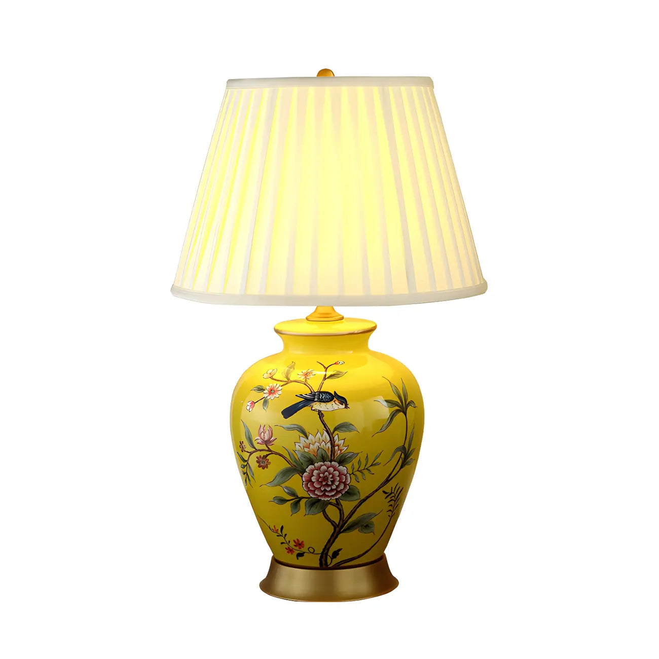 Lampe de table HomeyFad classique en céramique avec abat-jour en tissu jaune clair et motif floral