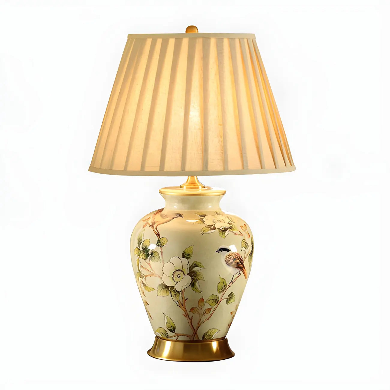 Lampe de table HomeyFad classique en céramique avec abat-jour en tissu jaune clair et motif floral