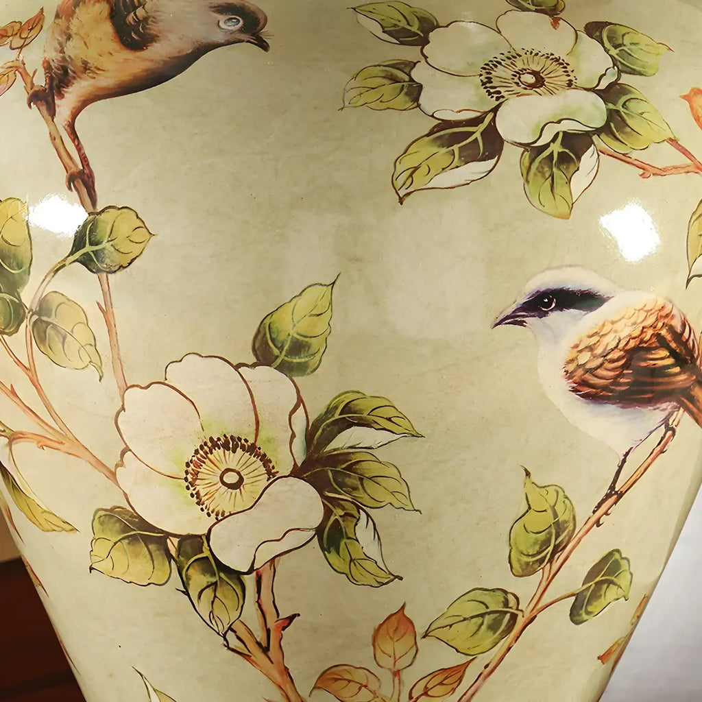 Lampe de table HomeyFad classique en céramique avec abat-jour en tissu jaune clair et motif floral