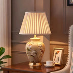 Lampe de table HomeyFad classique en céramique avec abat-jour en tissu jaune clair et motif floral