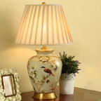 Lampe de table HomeyFad classique en céramique avec abat-jour en tissu jaune clair et motif floral