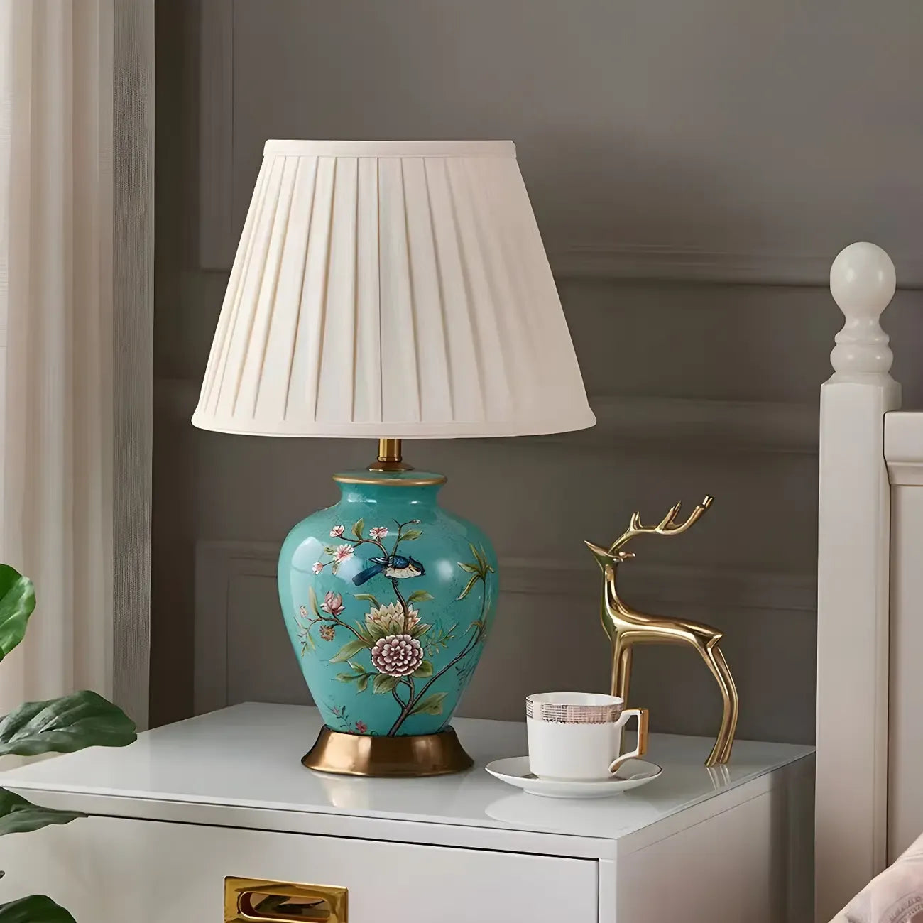 Lampe de table HomeyFad classique en céramique avec abat-jour en tissu jaune clair et motif floral
