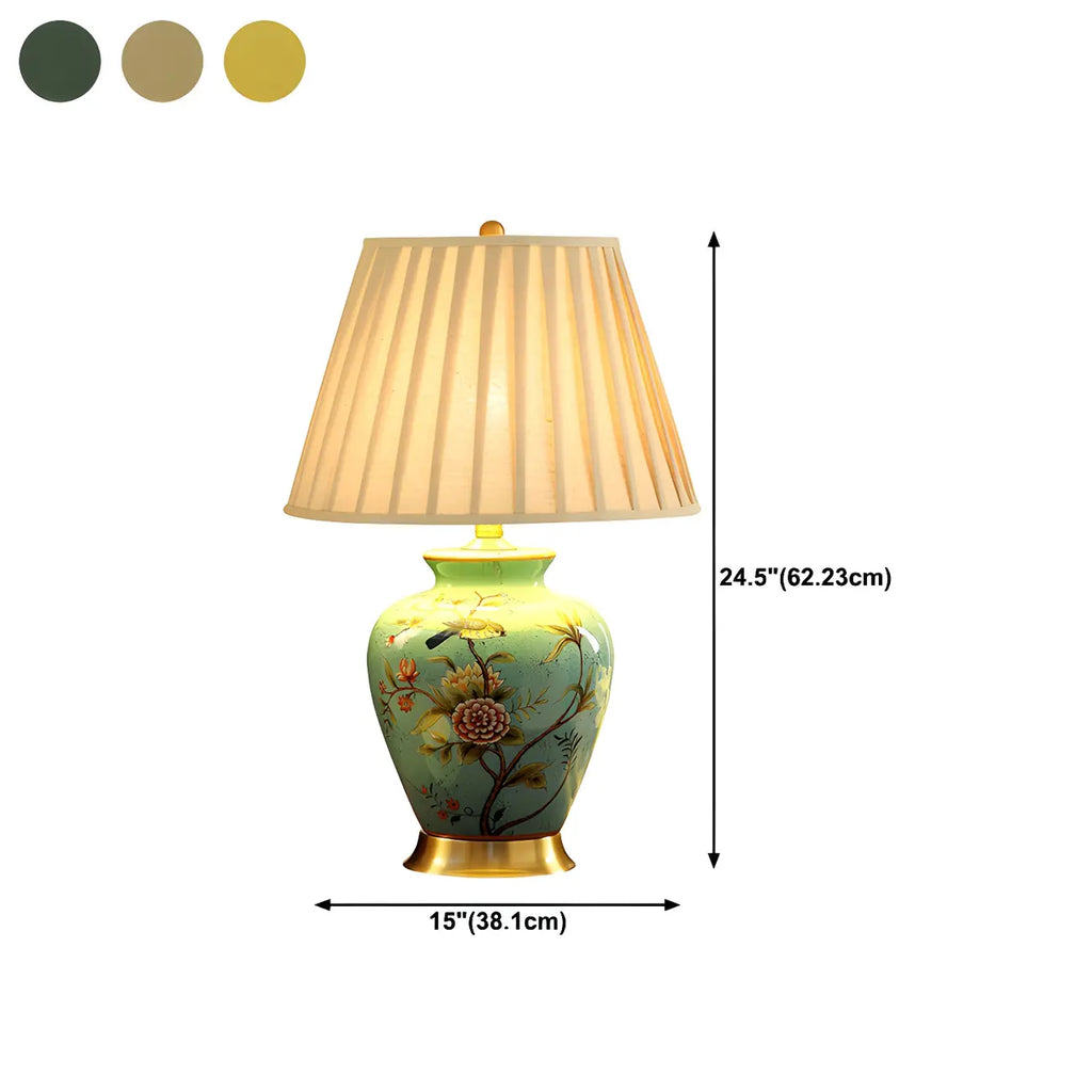 Lampe de table HomeyFad classique en céramique avec abat-jour en tissu jaune clair et motif floral