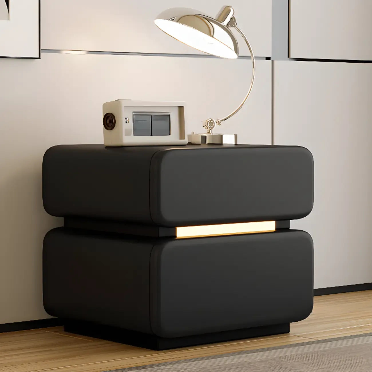 Table de chevet moderne avec plateau en cuir noir et 2 tiroirs