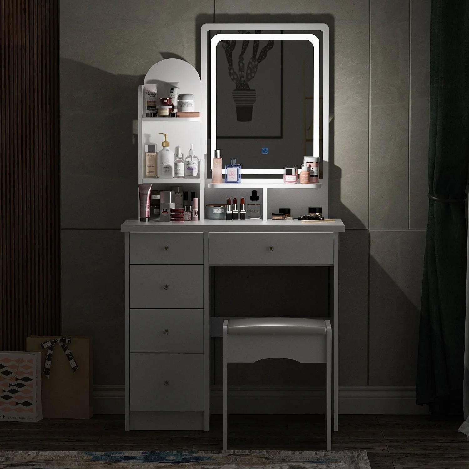 Ensemble coiffeuse avec lumière LED, miroir et tabouret