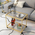 Table d'appoint rectangulaire à plateau supérieur en verre doré sur roulettes