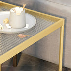 Table d'appoint rectangulaire à plateau supérieur en verre doré sur roulettes