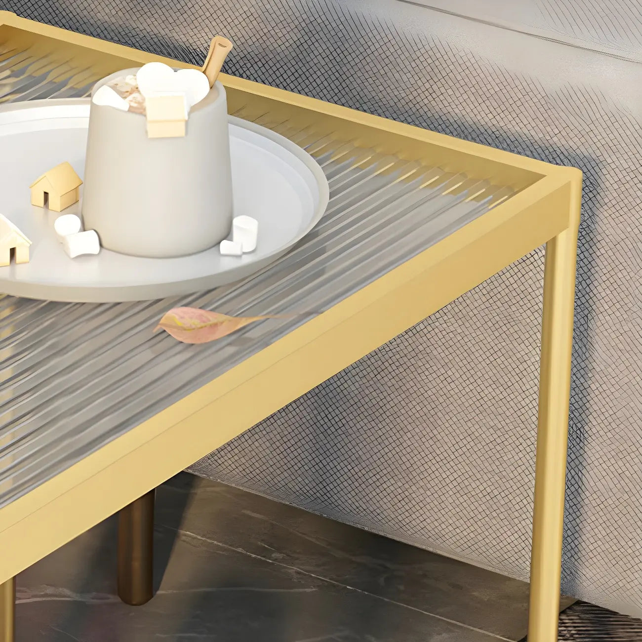 Table d'appoint rectangulaire à plateau supérieur en verre doré sur roulettes