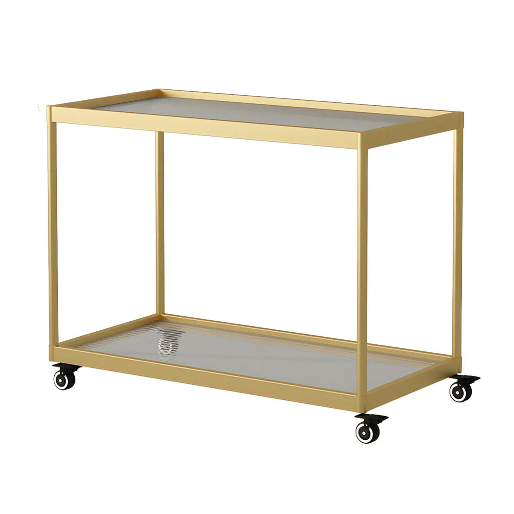 Table d'appoint rectangulaire à plateau supérieur en verre doré sur roulettes