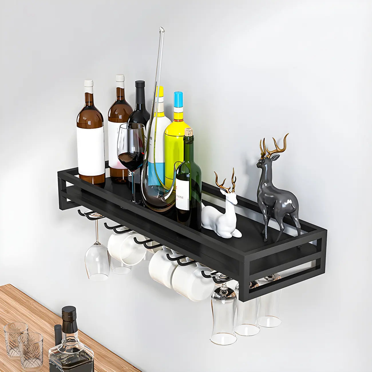 Support mural flottant en métal pour verres à vin et bouteilles avec crochet