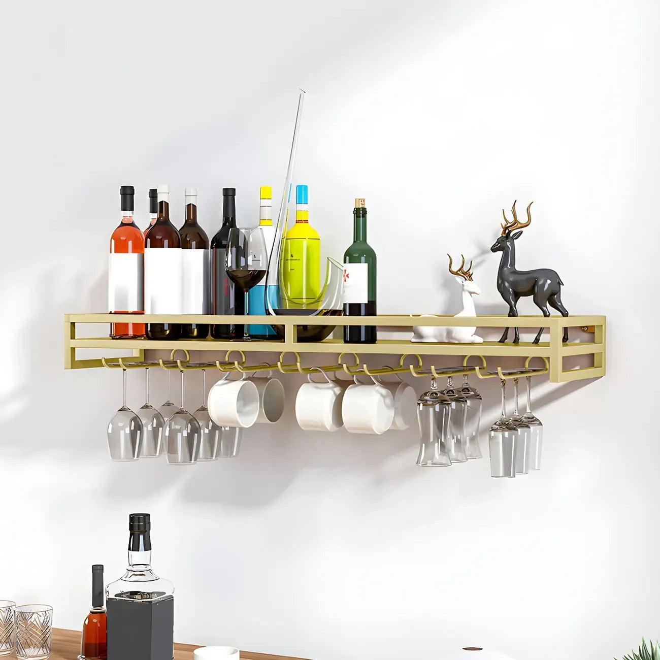 Support mural flottant en métal pour verres à vin et bouteilles avec crochet