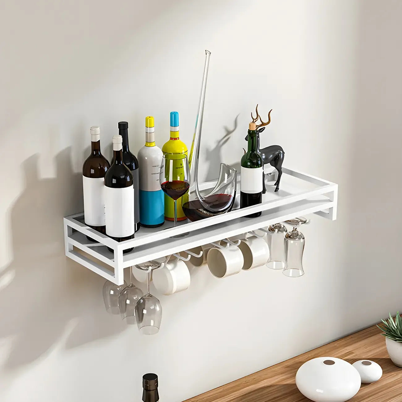 Support mural flottant en métal pour verres à vin et bouteilles avec crochet