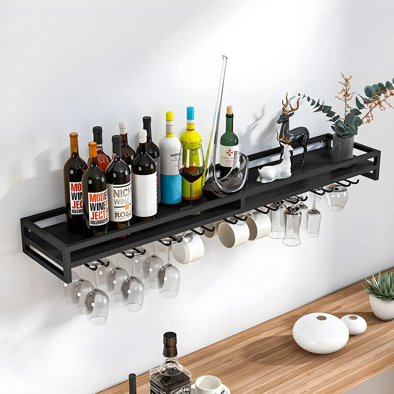 Support mural flottant en métal pour verres à vin et bouteilles avec crochet