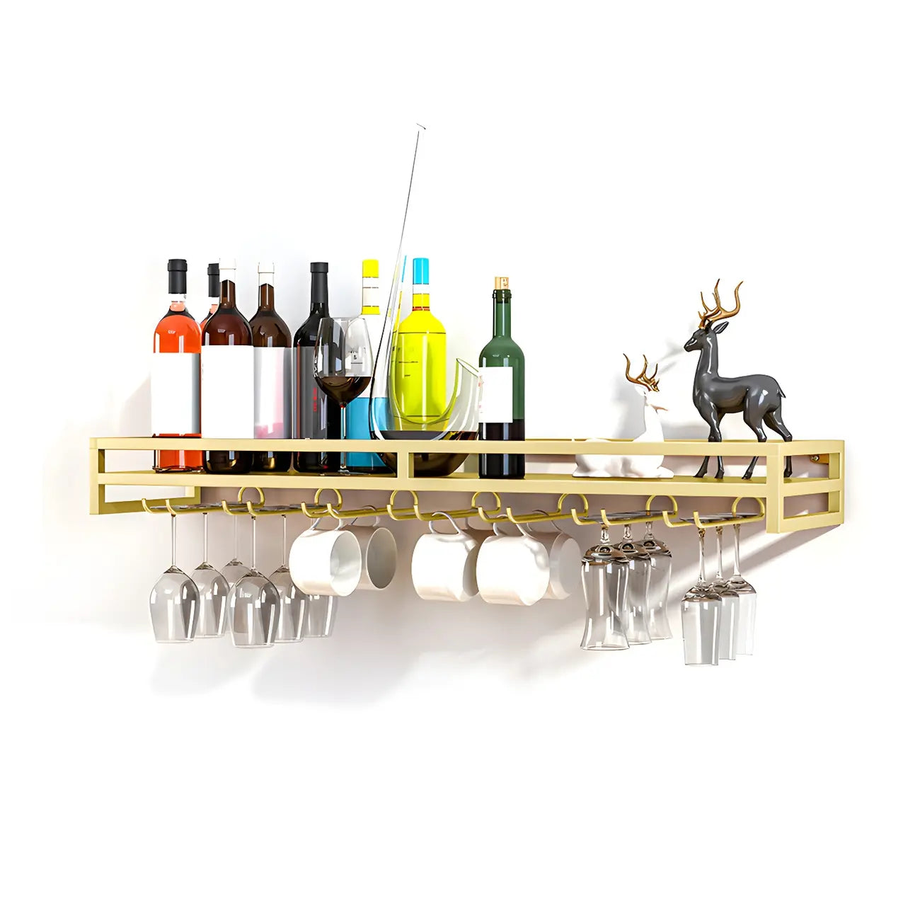 Support mural flottant en métal pour verres à vin et bouteilles avec crochet