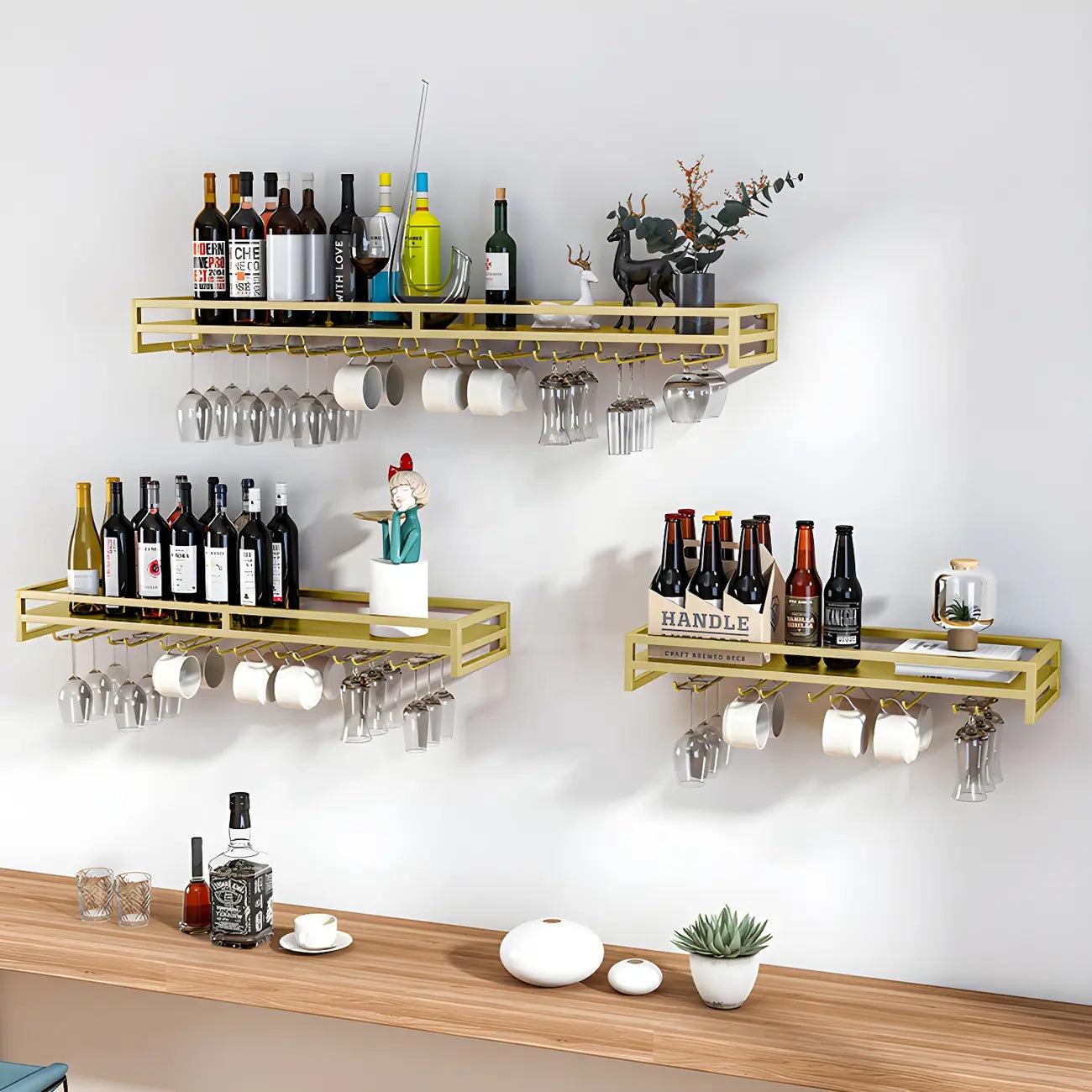 Support mural flottant en métal pour verres à vin et bouteilles avec crochet