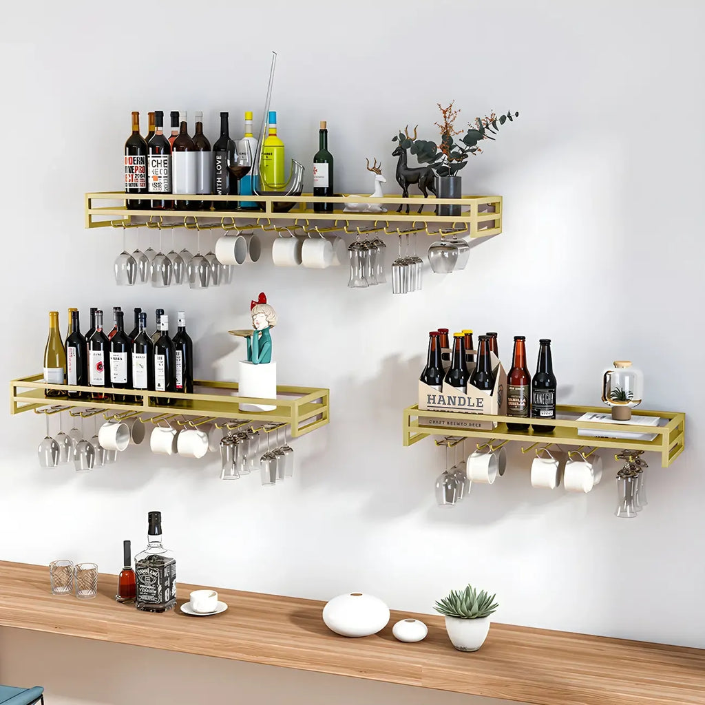 Support mural flottant en métal pour verres à vin et bouteilles avec crochet