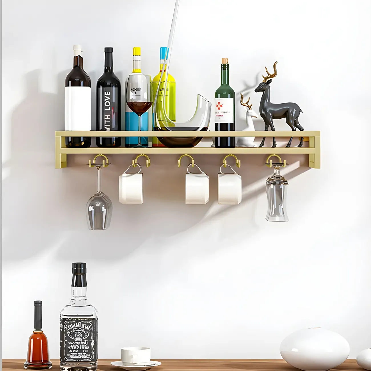 Support mural flottant en métal pour verres à vin et bouteilles avec crochet