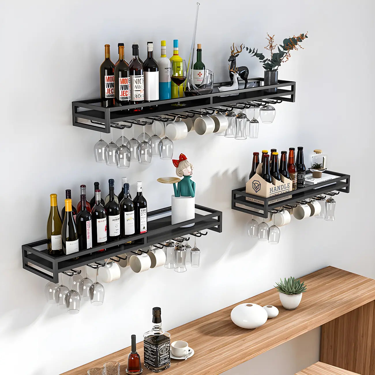 Support mural flottant en métal pour verres à vin et bouteilles avec crochet