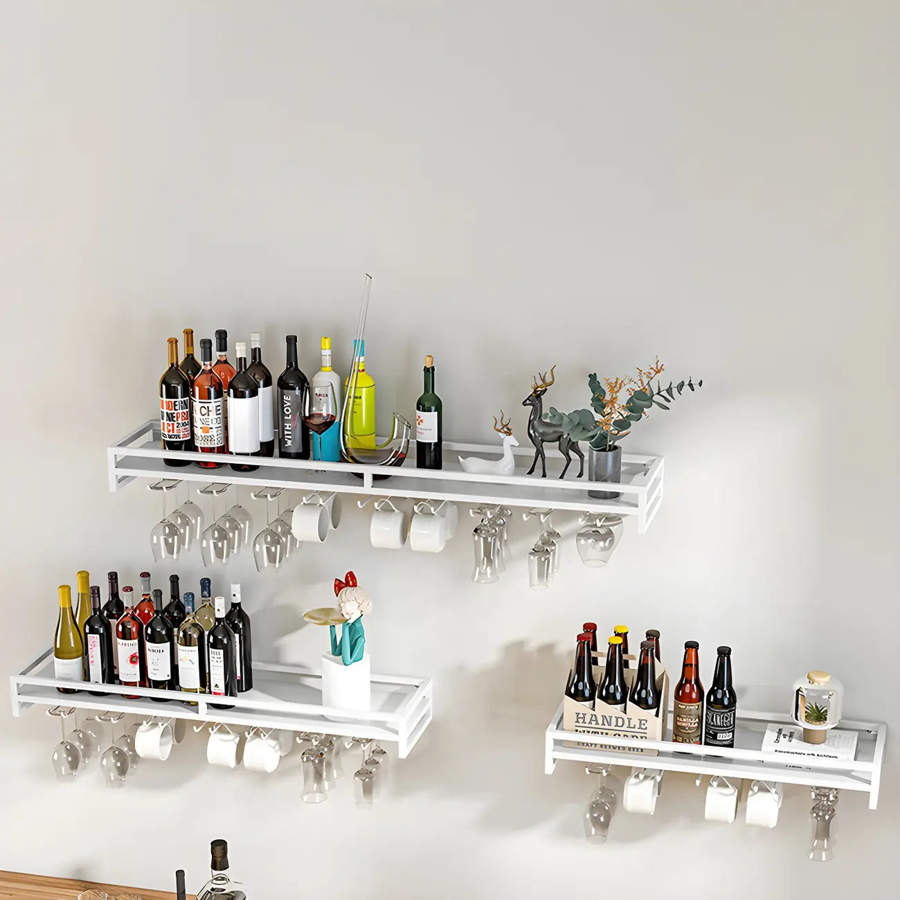 Support mural flottant en métal pour verres à vin et bouteilles avec crochet