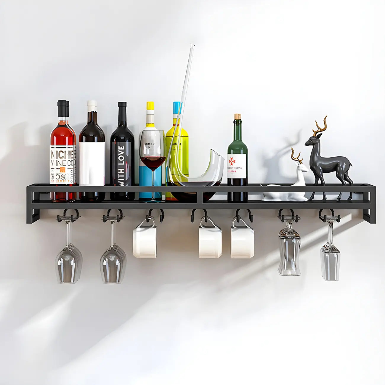 Support mural flottant en métal pour verres à vin et bouteilles avec crochet