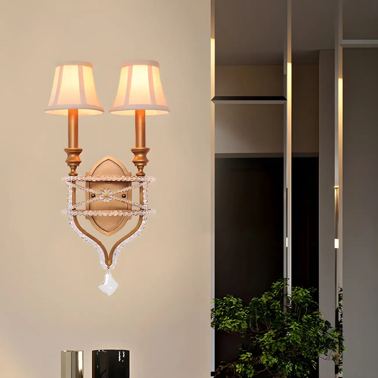 2 applique a parete in cristallo Graceful con paralume in tessuto e LED