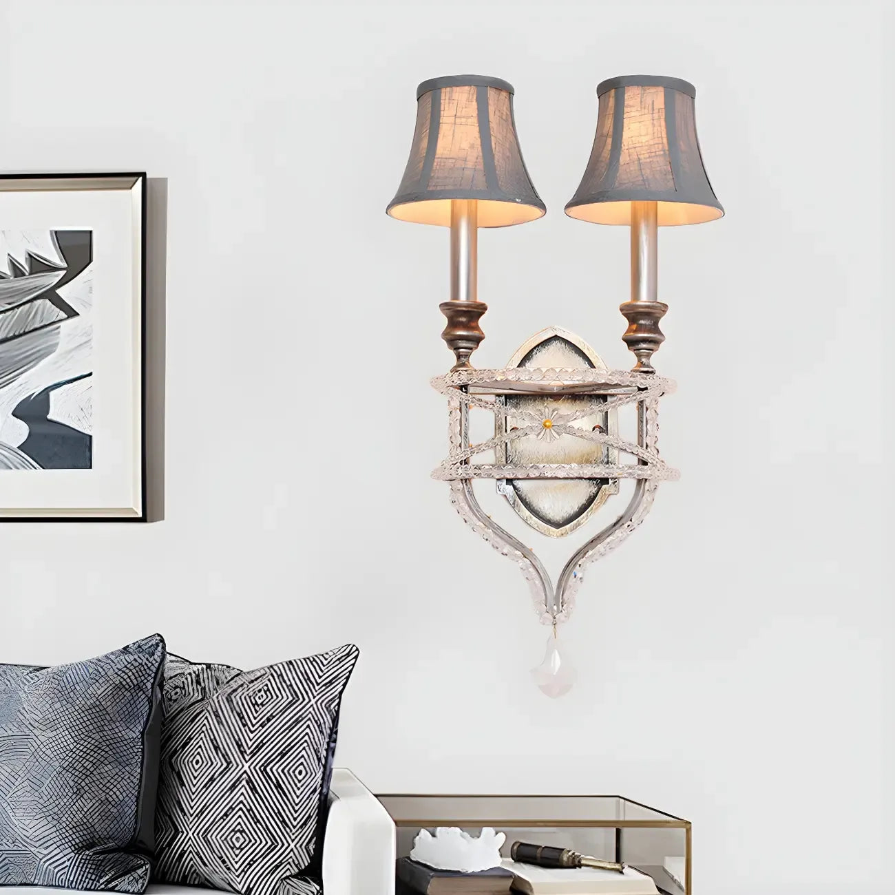 2 applique a parete in cristallo Graceful con paralume in tessuto e LED