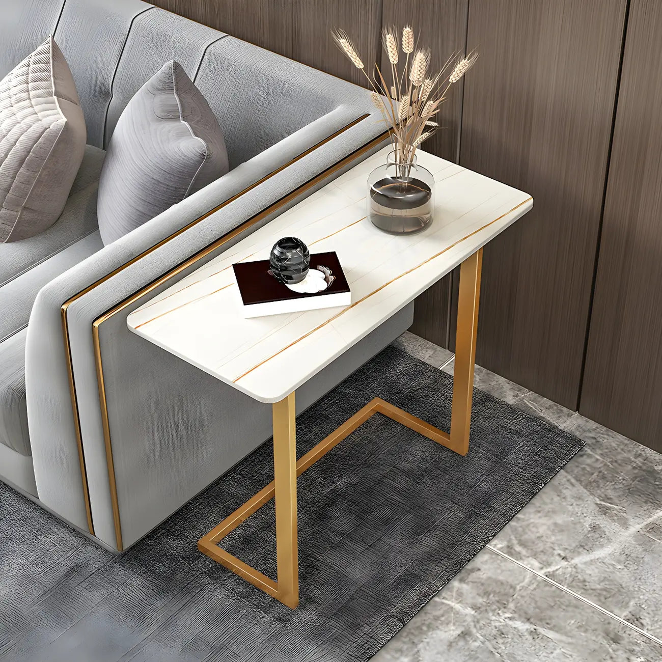 Table d'appoint rectangulaire en forme de C avec plateau en pierre blanche