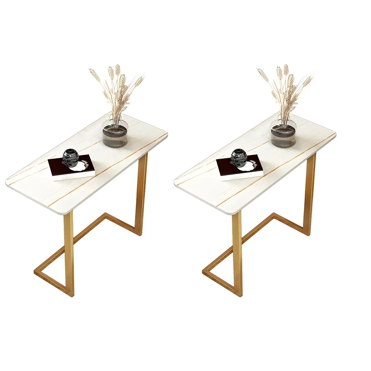 Table d'appoint rectangulaire en forme de C avec plateau en pierre blanche