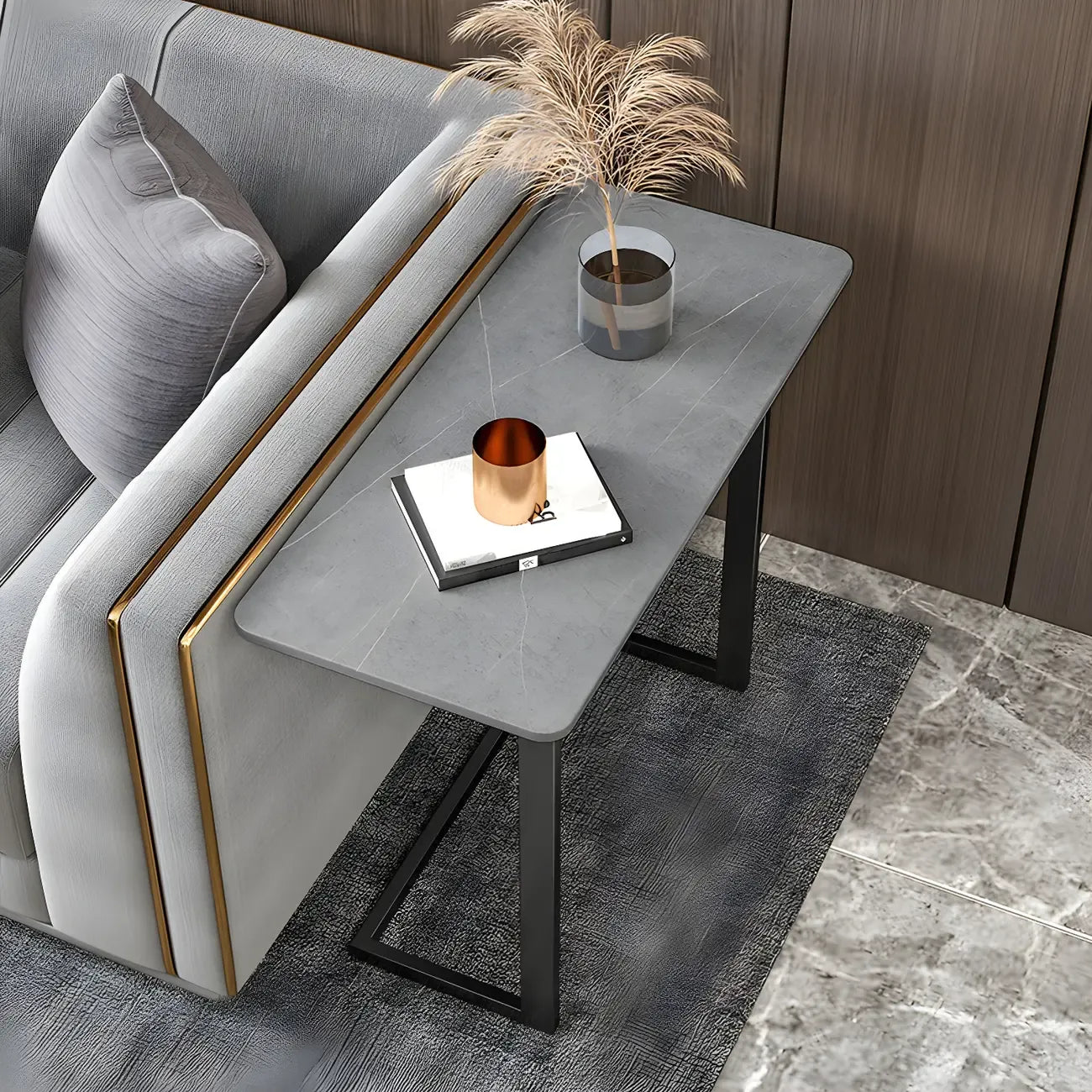 Table d'appoint rectangulaire en forme de C avec plateau en pierre blanche