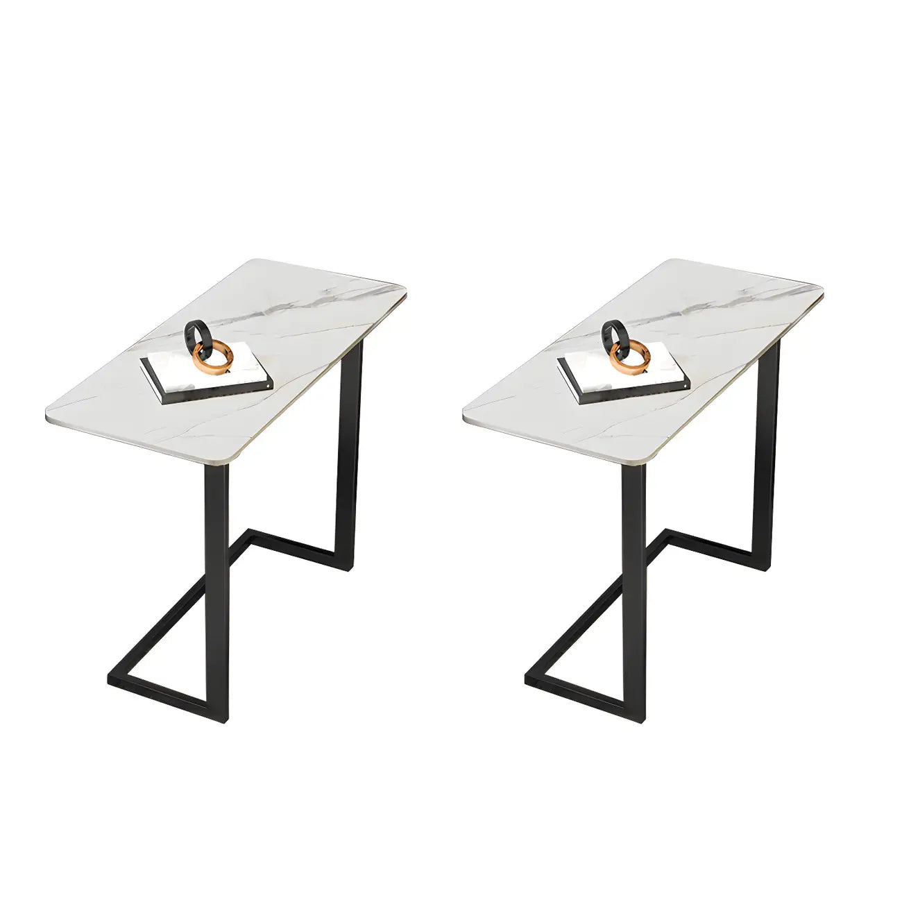 Table d'appoint rectangulaire en forme de C avec plateau en pierre blanche