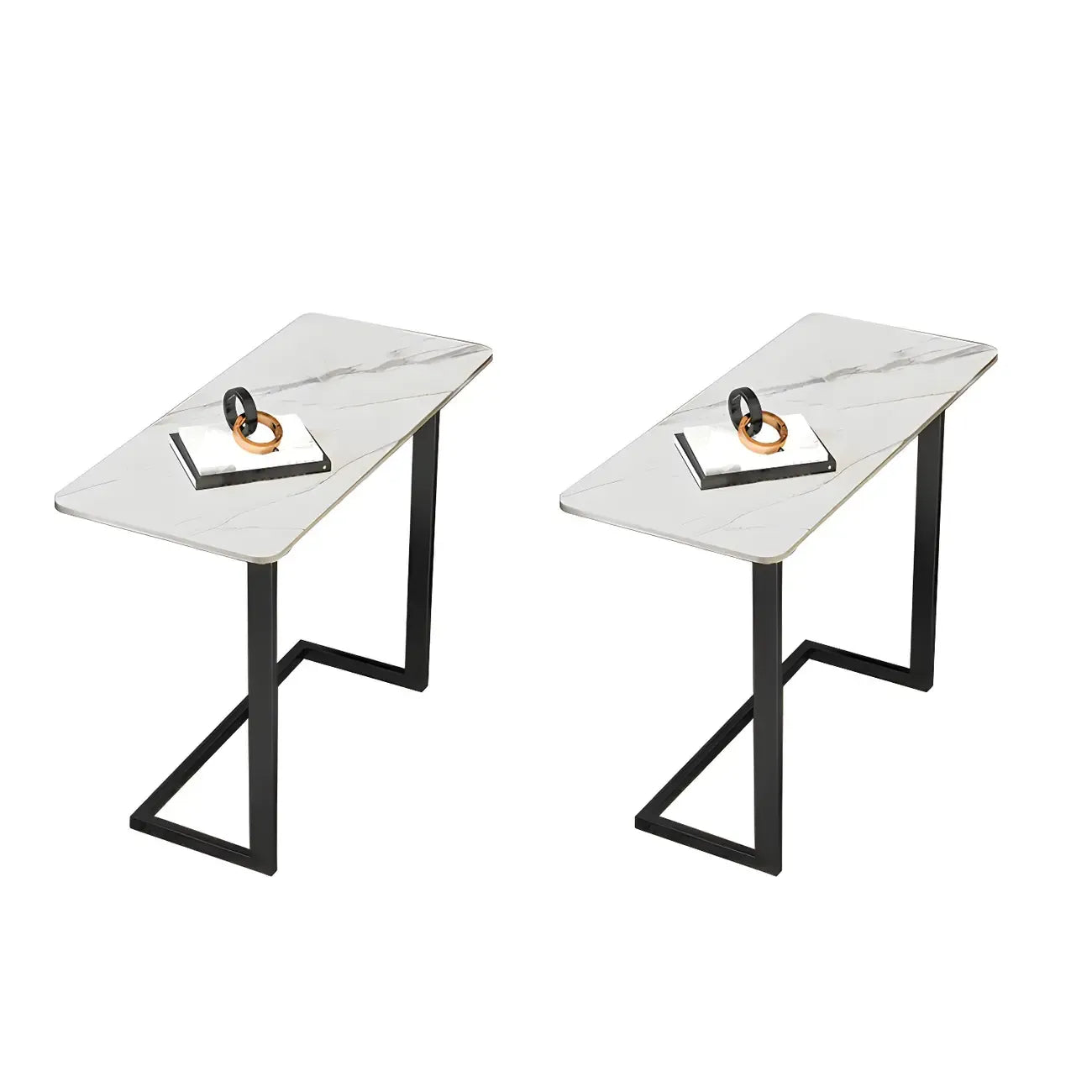 Table d'appoint rectangulaire en forme de C avec plateau en pierre blanche