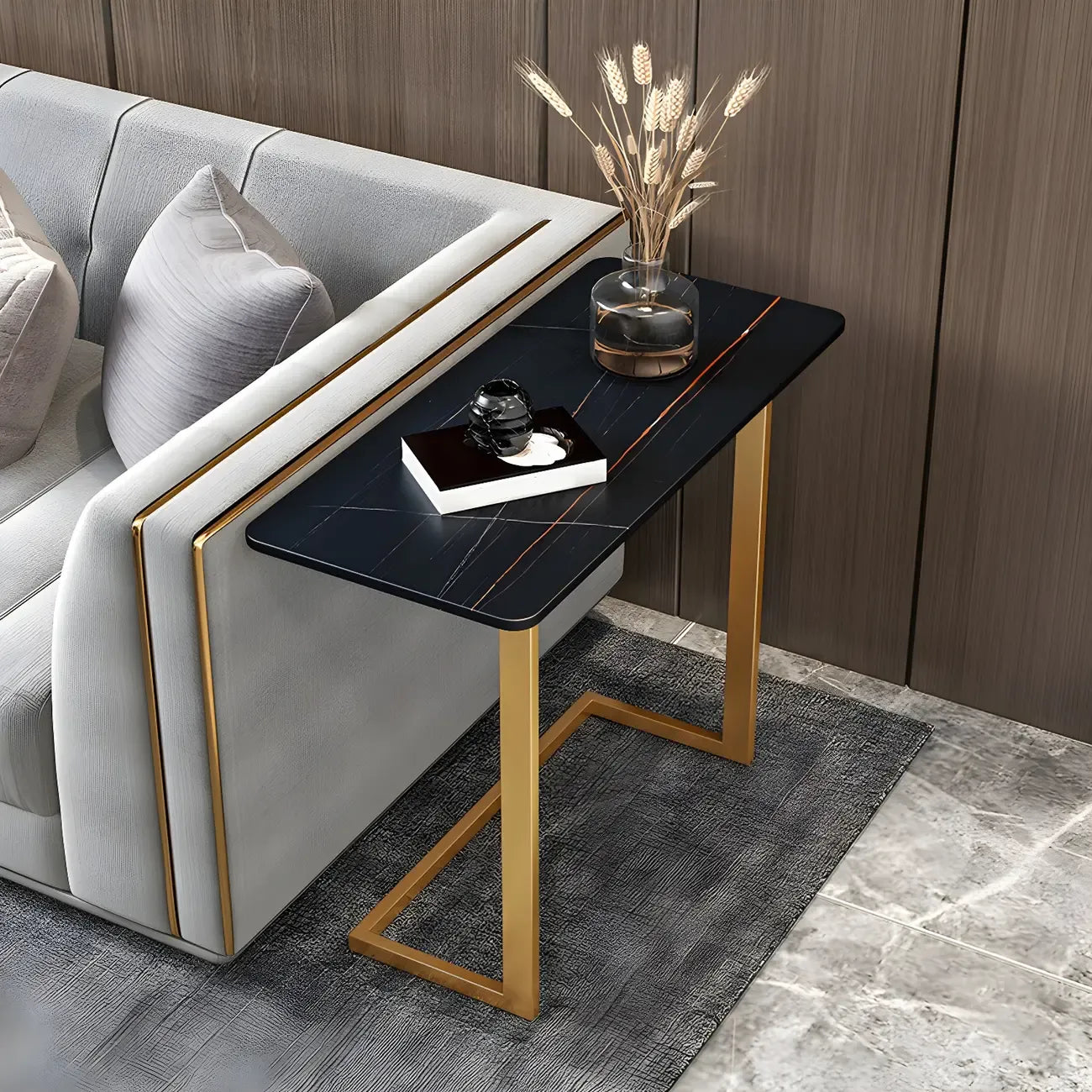 Table d'appoint rectangulaire en forme de C avec plateau en pierre blanche