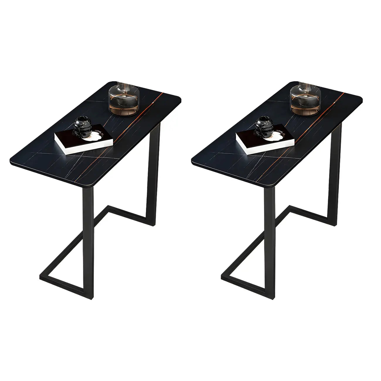 Table d'appoint rectangulaire en forme de C avec plateau en pierre blanche