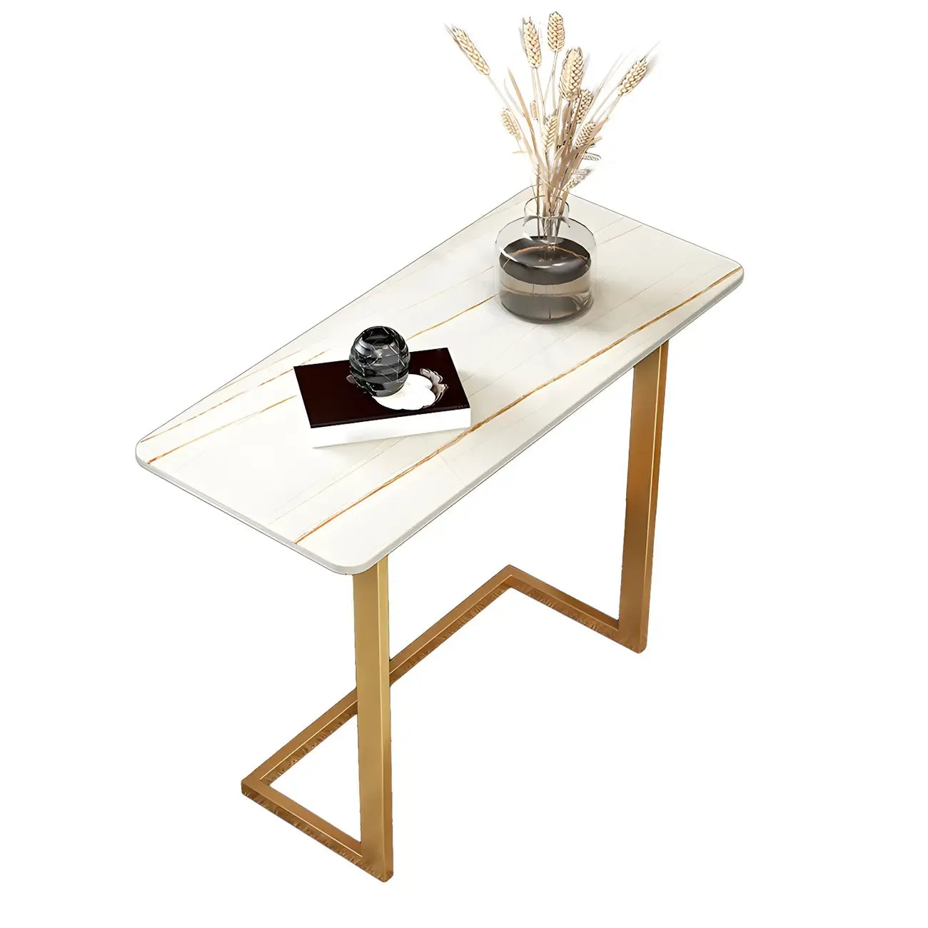 Table d'appoint rectangulaire en forme de C avec plateau en pierre blanche