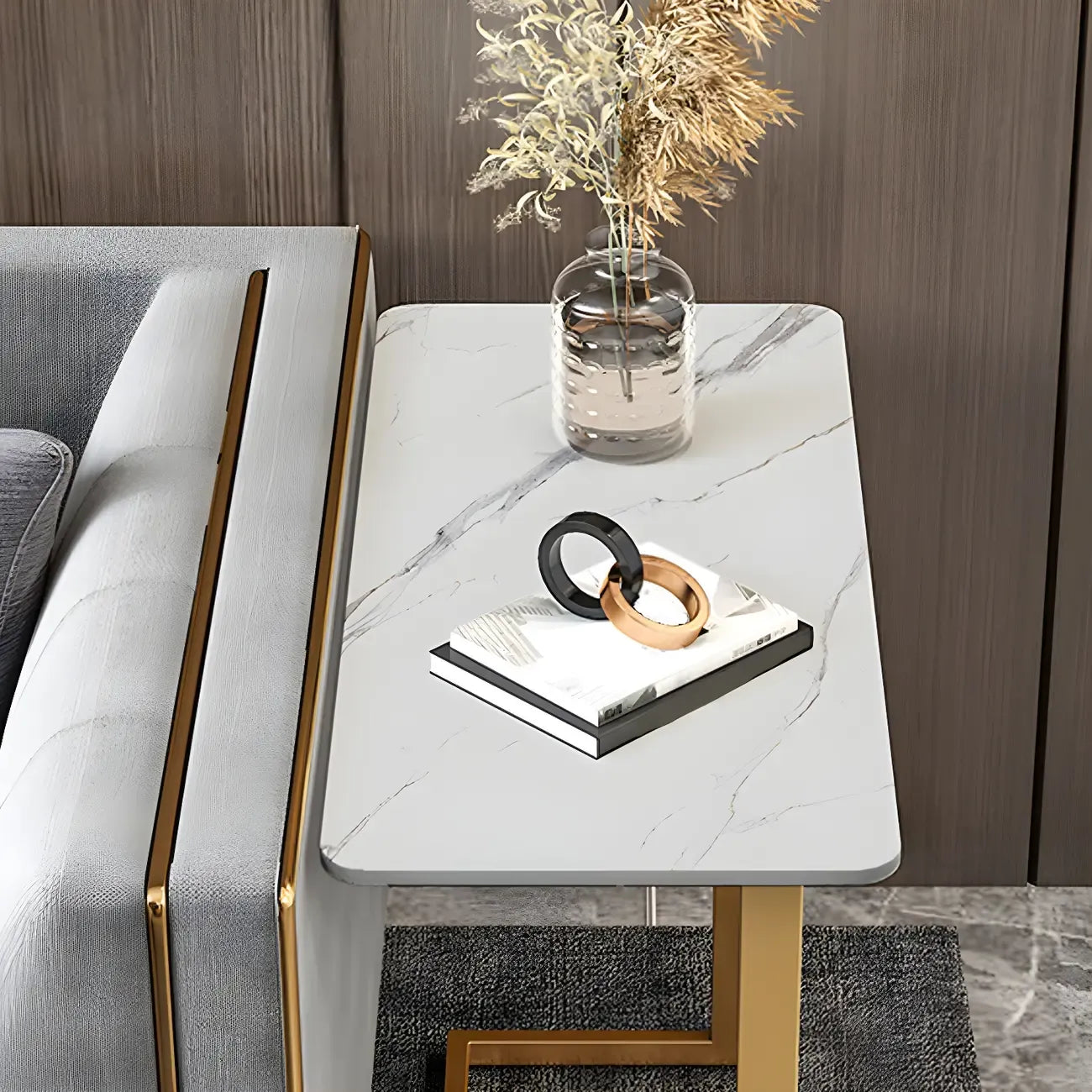 Table d'appoint rectangulaire en forme de C avec plateau en pierre blanche