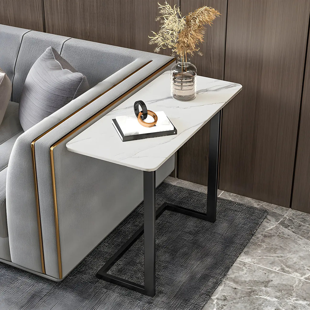 Table d'appoint rectangulaire en forme de C avec plateau en pierre blanche