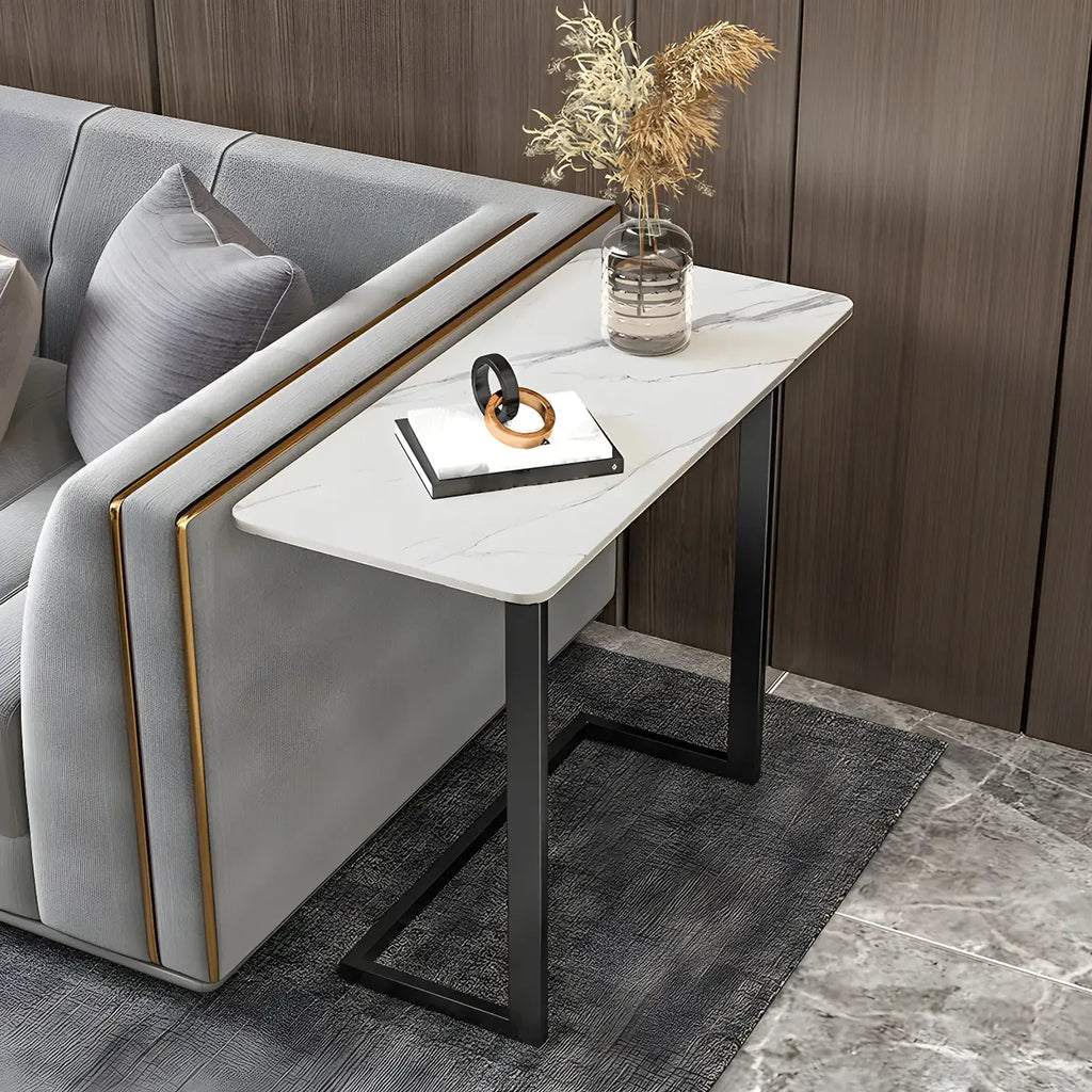Table d'appoint rectangulaire en forme de C avec plateau en pierre blanche