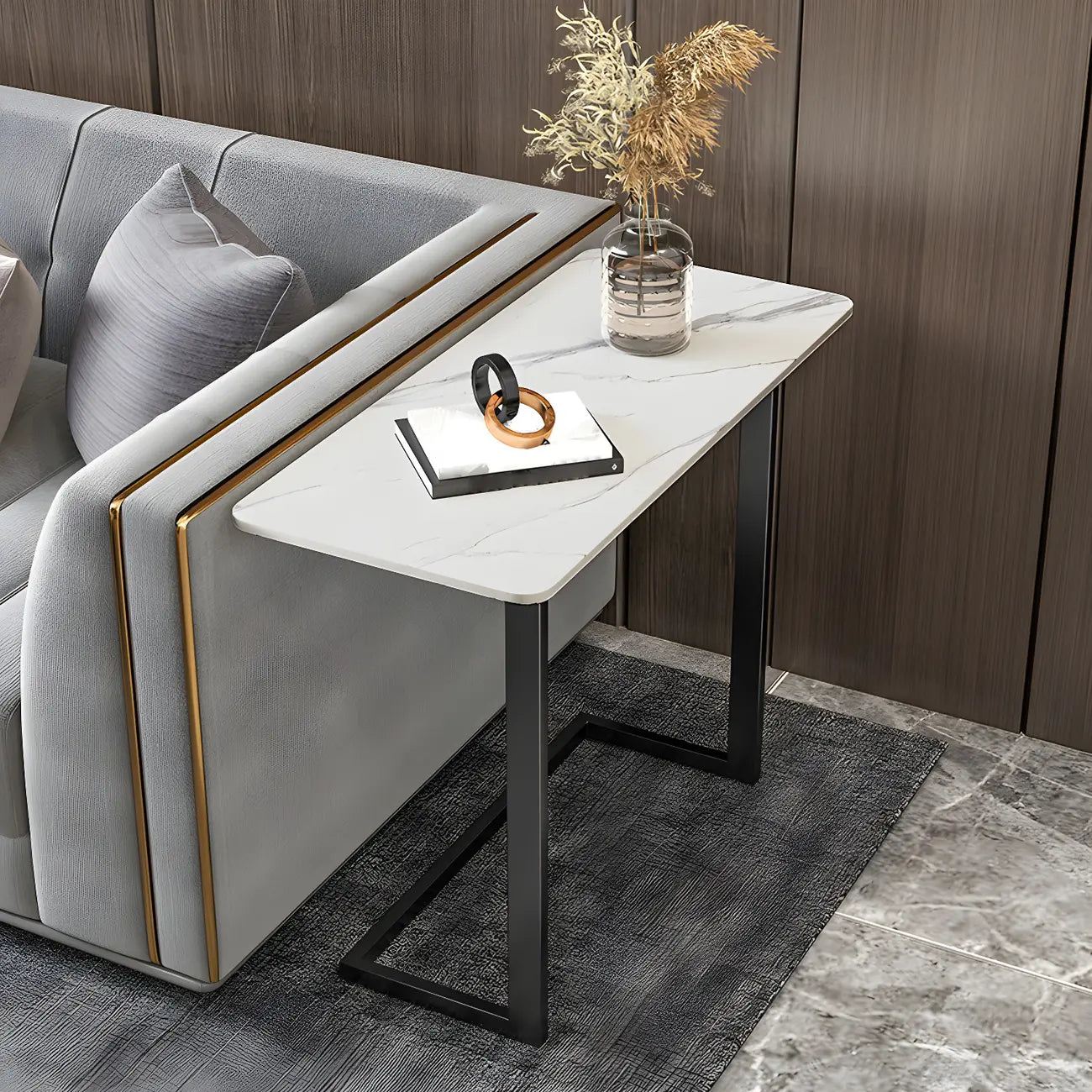 Table d'appoint rectangulaire en forme de C avec plateau en pierre blanche