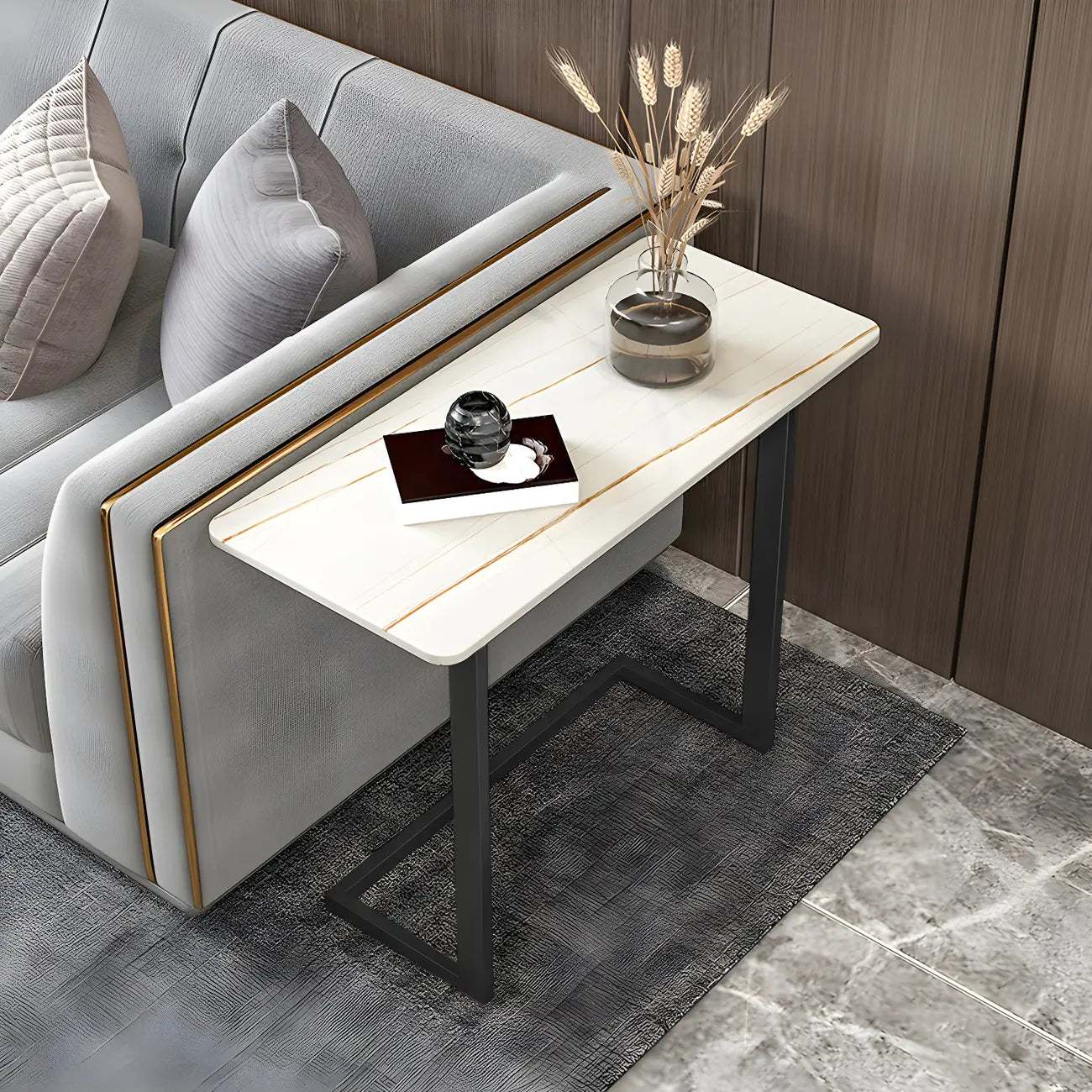 Table d'appoint rectangulaire en forme de C avec plateau en pierre blanche
