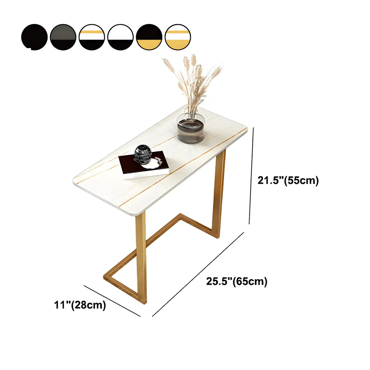 Table d'appoint rectangulaire en forme de C avec plateau en pierre blanche