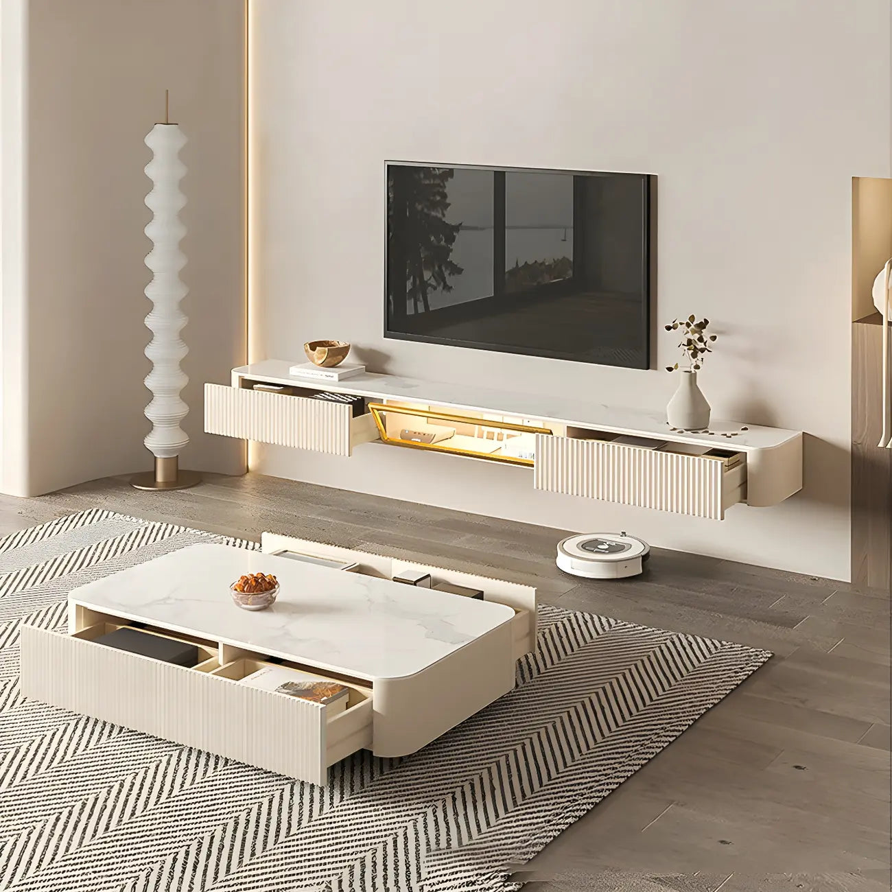 Mobile TV sospeso in pietra beige da 71" con gestione dei cavi