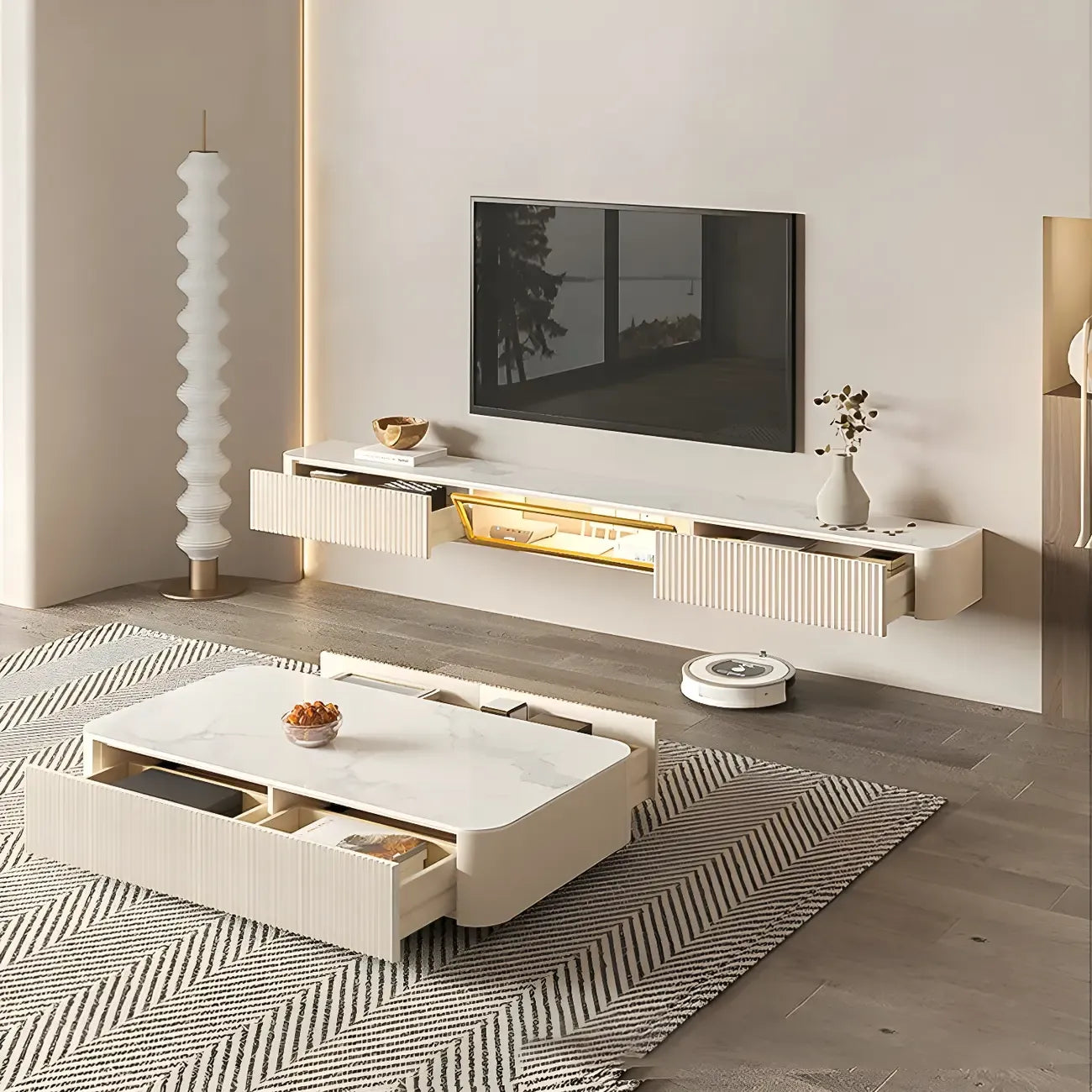 Mobile TV sospeso in pietra beige da 71" con gestione dei cavi