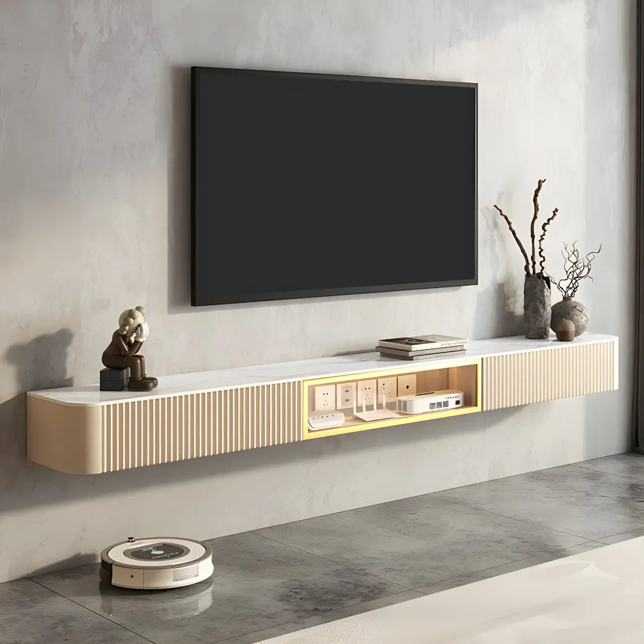 Mobile TV sospeso in pietra beige da 71" con gestione dei cavi