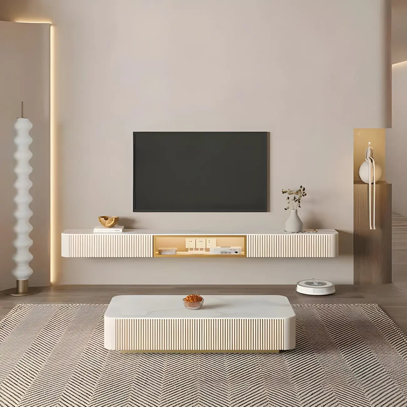 Mobile TV sospeso in pietra beige da 71" con gestione dei cavi